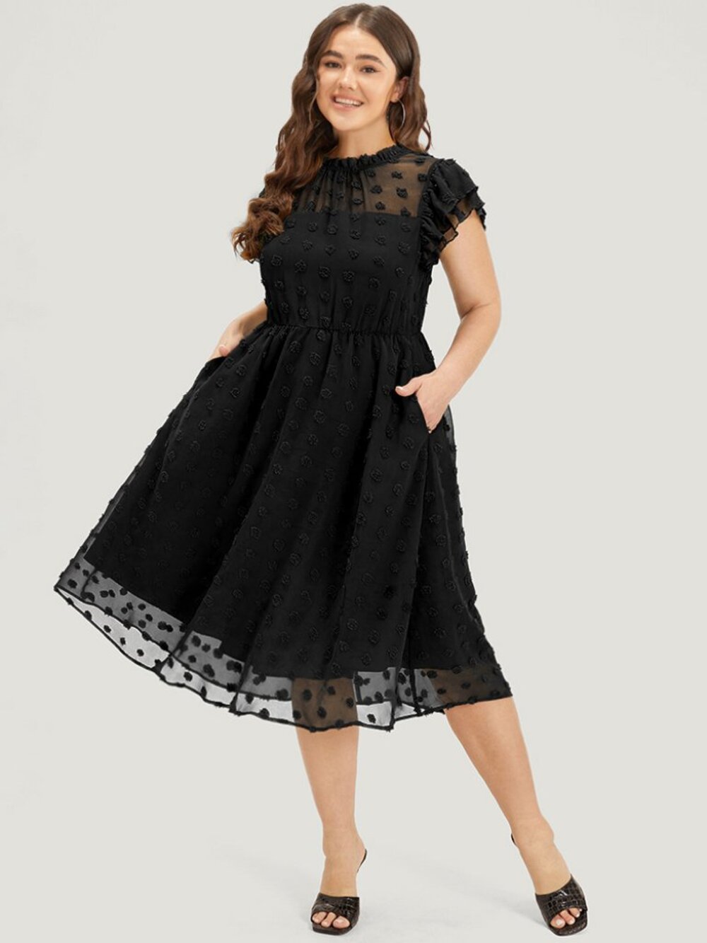 Solid Polka Dot Mesh Frill Trim Flutter Dress